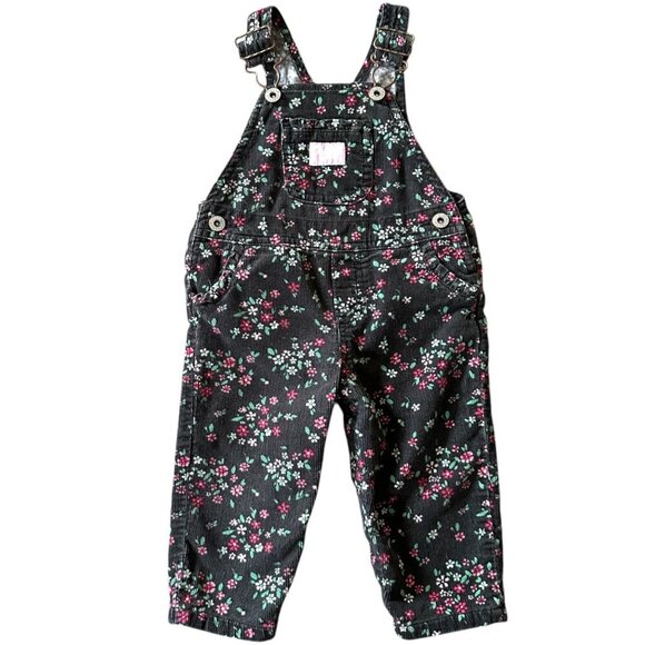 OshKosh Bgosh Floral Corduroy Overalls Girls Size 9mo Black Pink Ruffle Pockets - Picture 1 of 6